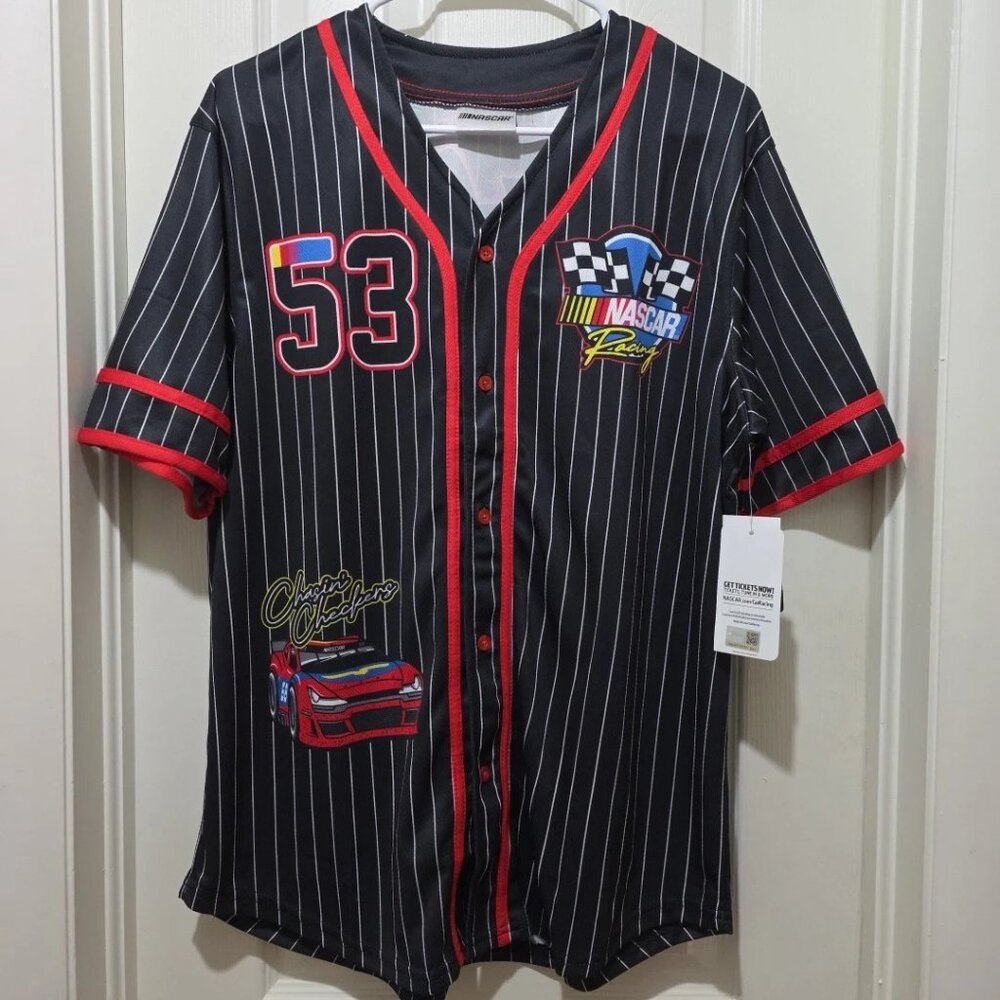 NASCAR Shirt Mens Medium Black Auto Racing 53 Jersey Button Up Graphic AOP NEW
